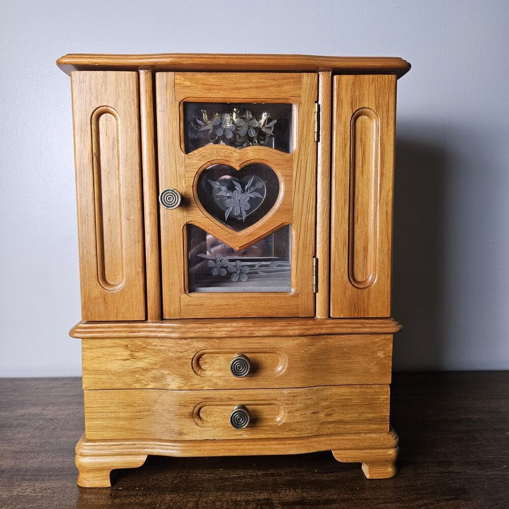 Vintage Wooden Jewelry Armoire with Etched Glass Heart, Mirror,Necklace Carousel
